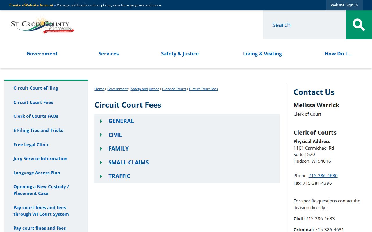 St. Croix County civil docket copy and certification fee page