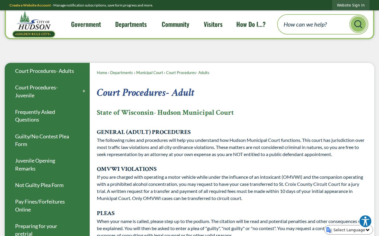 Hudson adult traffic procedure and OMVWI circuit transfer guidance