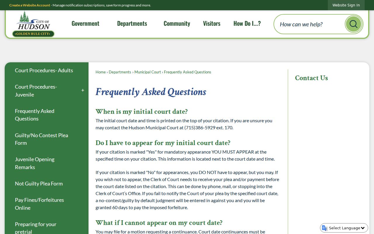 Hudson citation date, plea, continuance, payment, and default guidance