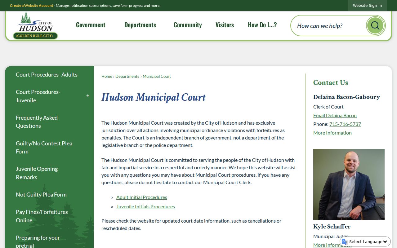 Hudson Municipal Court location, clerk, judge, and jurisdiction page