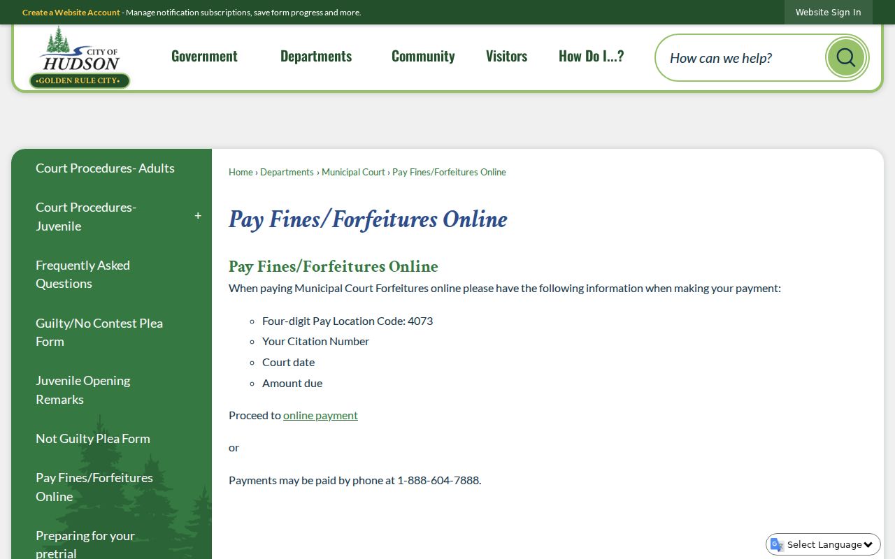 Hudson Municipal Court payment instructions and Pay Location Code 4073