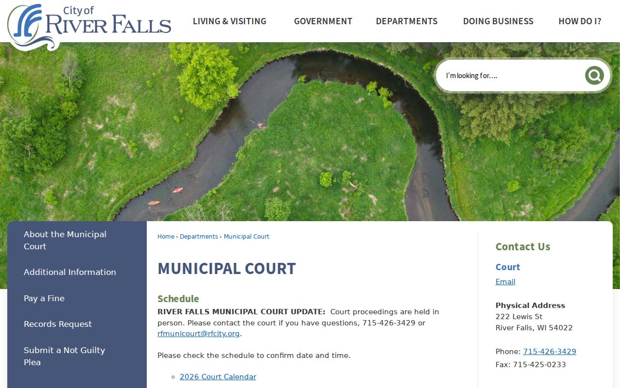 River Falls Municipal Court calendar, forms, clerk, judge, and address