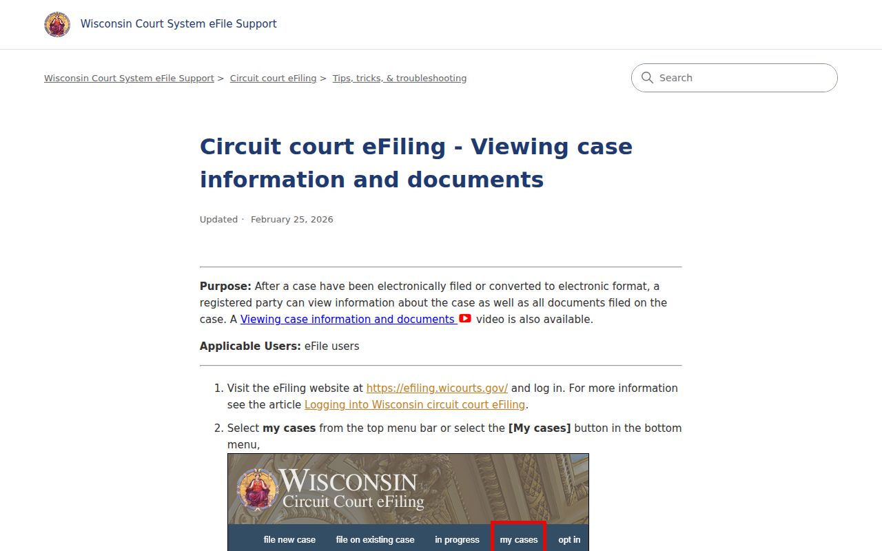 Wisconsin circuit eFiling case filters and document access guidance